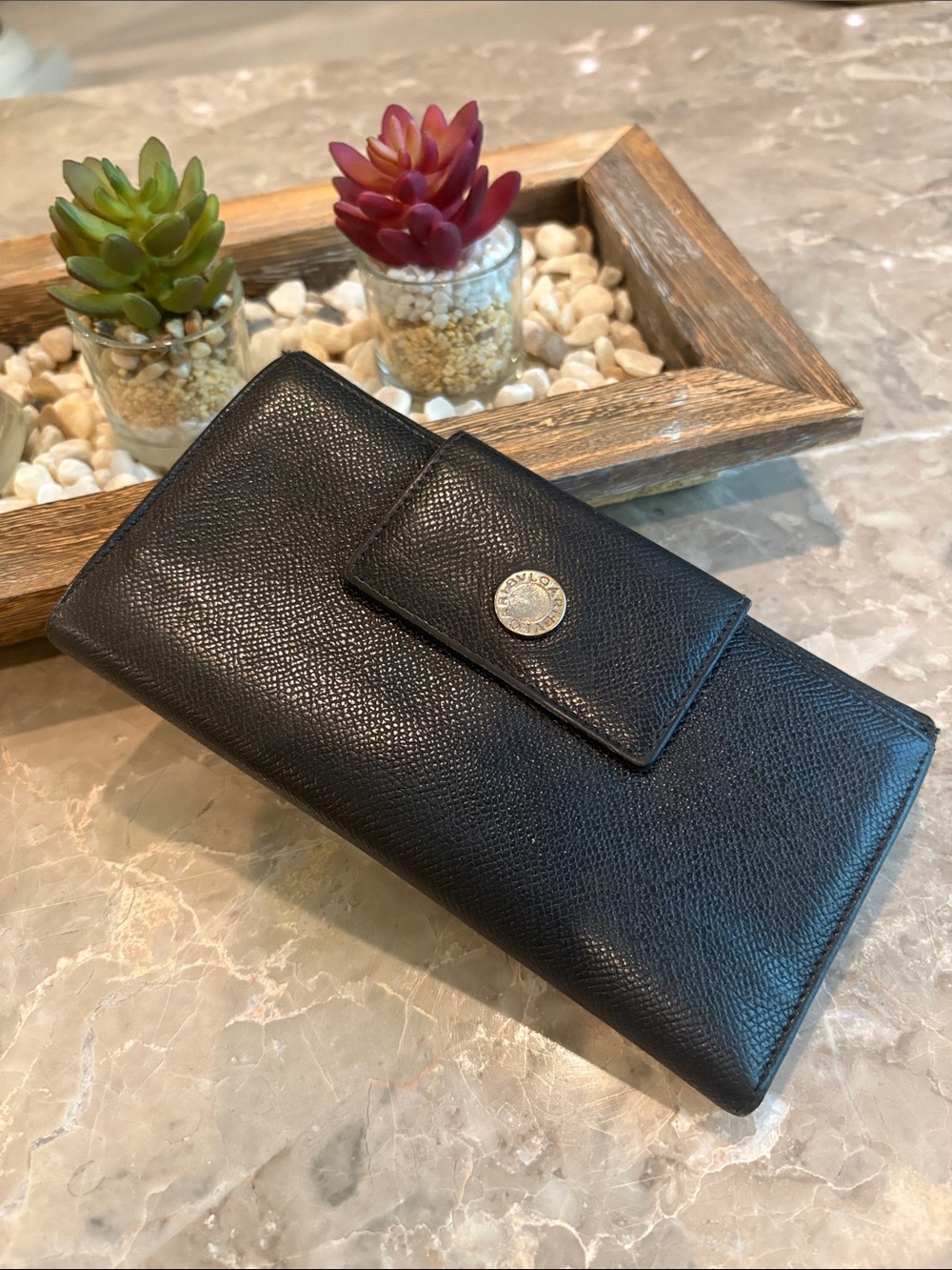 Bvlgari Black Leather Snap Wallet